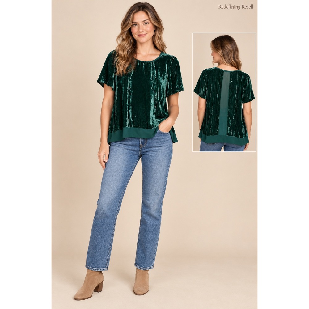 Maeve Anthropologie Forest Green Crushed Velvet Sheer Back Top Small